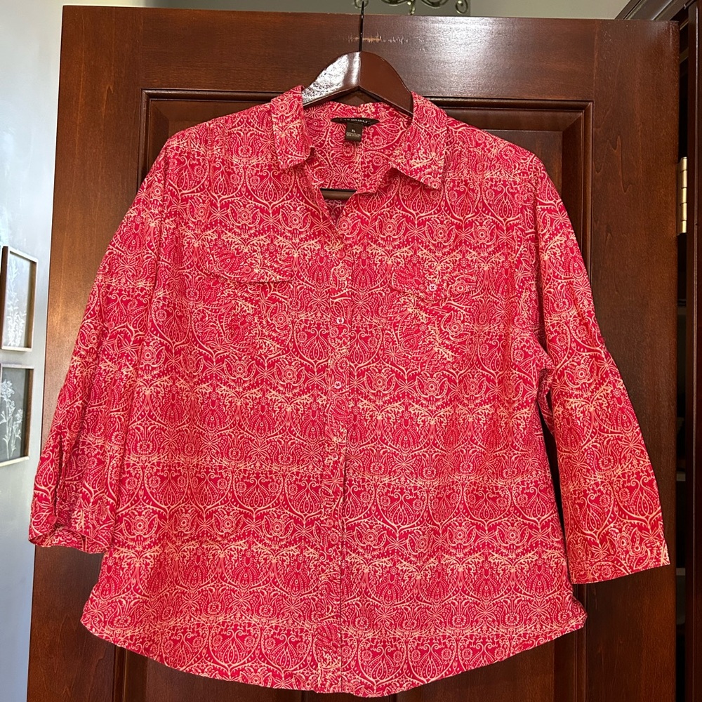 Bit & Bridle Red Paisley Button Front Blouse XL 3/4 Sleeve Cotton